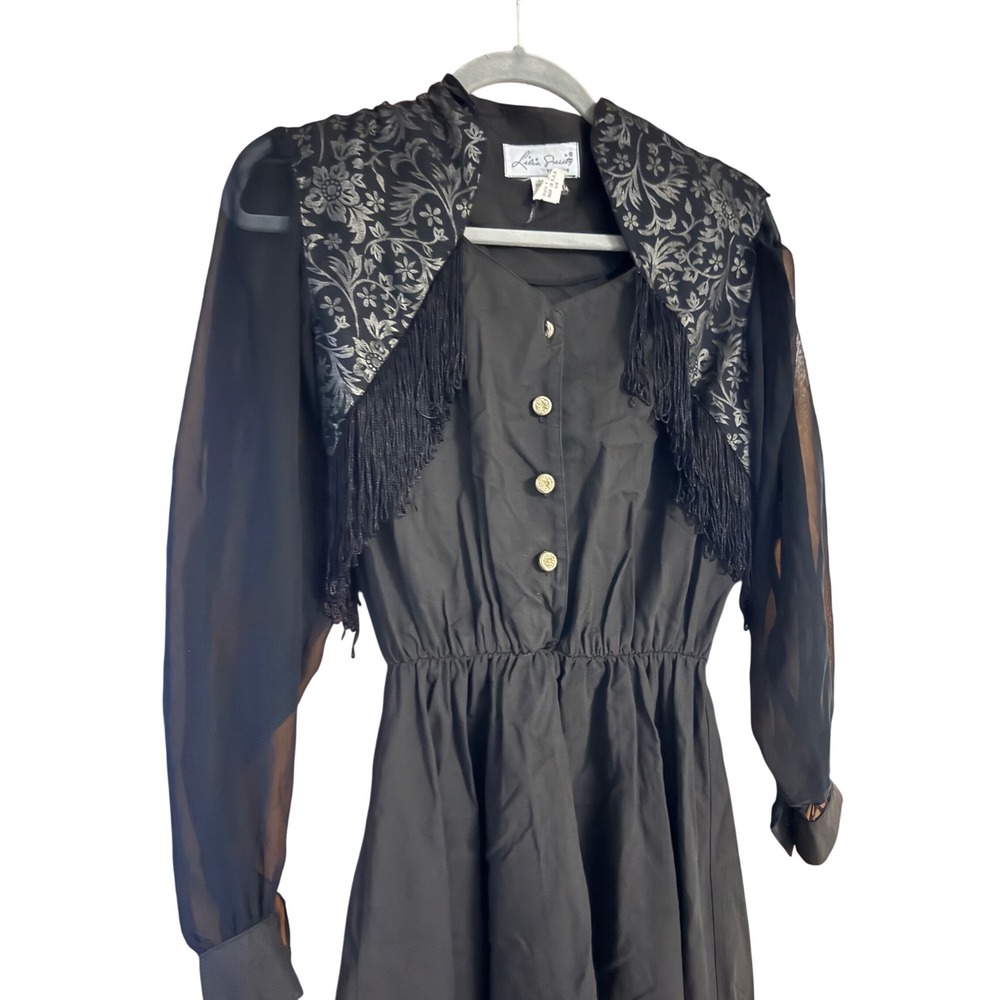 Vintage Lilia Smitty Black Dress Brocade Fringe Sheer Sleeve Western Style 5/6